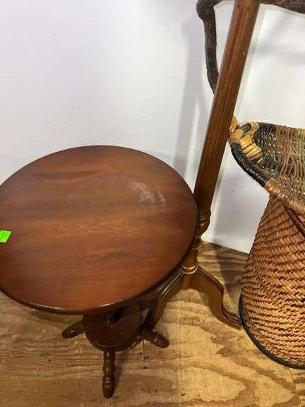 Decorative Wicker Basket, Laundry Hamper, and (2) Wooden Side Tables