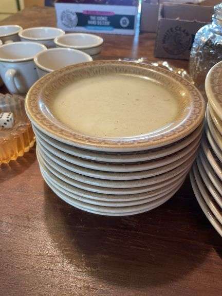 Dinner plates and platters, Lipton tea bottle, mugs, decorative glassware and more