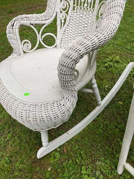 White Wicker Rocking Chair and Flower Basket