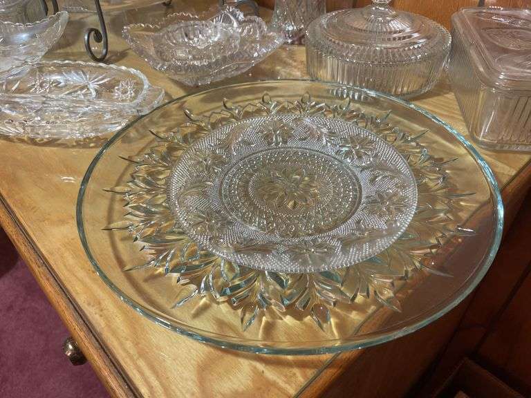 Large lot of clear glassware including lunch bowl, trays, basket and more