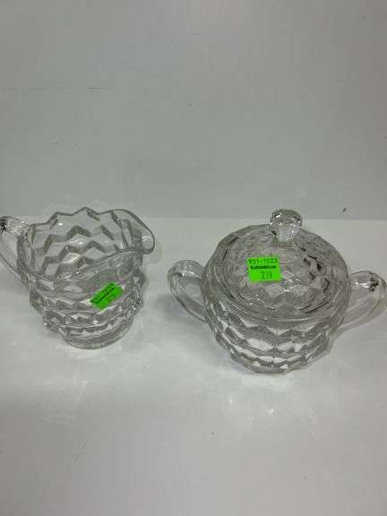 American Pattern 2056 Handled Sugar Bowl and Fostoria American Clear Crystal Glass Creamer