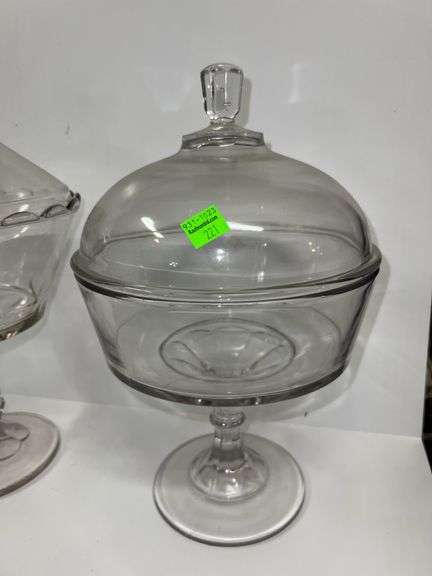 (3) Clear Glass Pedestal Candy Dishes and Clear Glass Canister