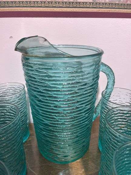 Vintage Anchor Hocking Soreno Aquamarine Blue Pressed Bark Pitcher and (12) Juice Glasses MCM