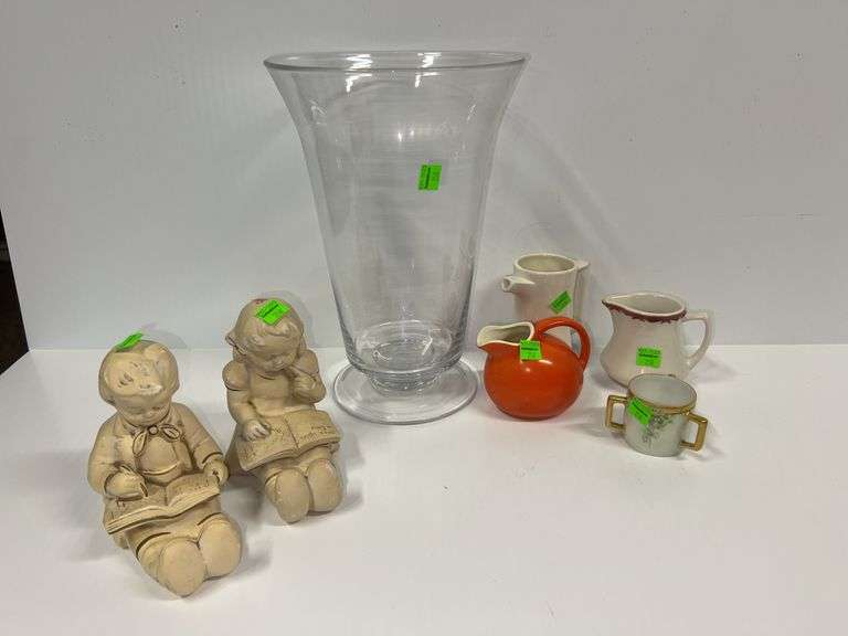 Children Figure Bookends, Creamer Pitchers, and Clear Glass Vase
