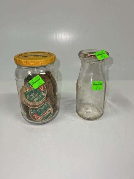 Vintage Milk Bottle w/ Jar of Kentucky Acres Dairy Milk Lids