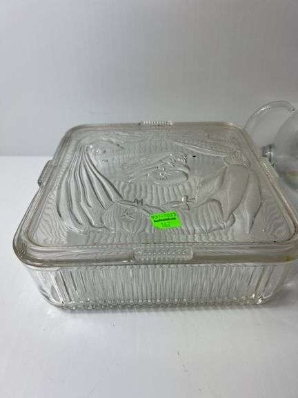 (2) Clear Glass Pitchers and (1) Clear Glass Dish w/ Lid