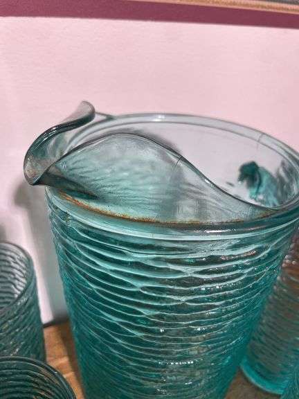 Vintage Anchor Hocking Soreno Aquamarine Blue Pressed Bark Pitcher and (12) Juice Glasses MCM