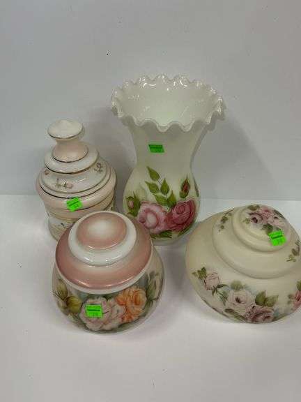 (3) Decorative Floral Dishes w/ Lids and Vase