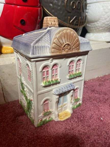 (5) cookie jars including duck, chicken, elephant, kettle & Avon jar- cracked