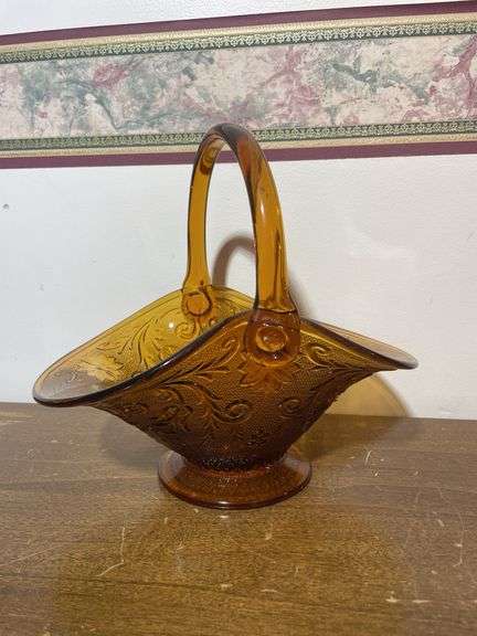 Green depression dish, tiara glass basket, compote and other dish