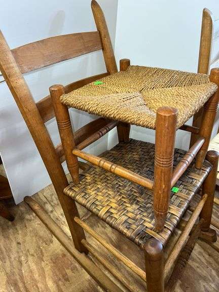 Wooden and Woven Rocking Chairs and Footstool