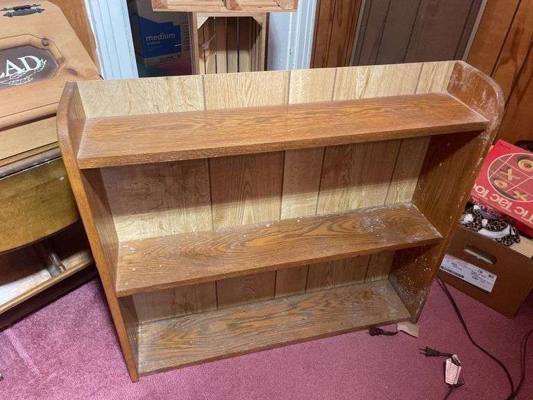 Dropleaf stand, bookshelf, bread box, and small stand