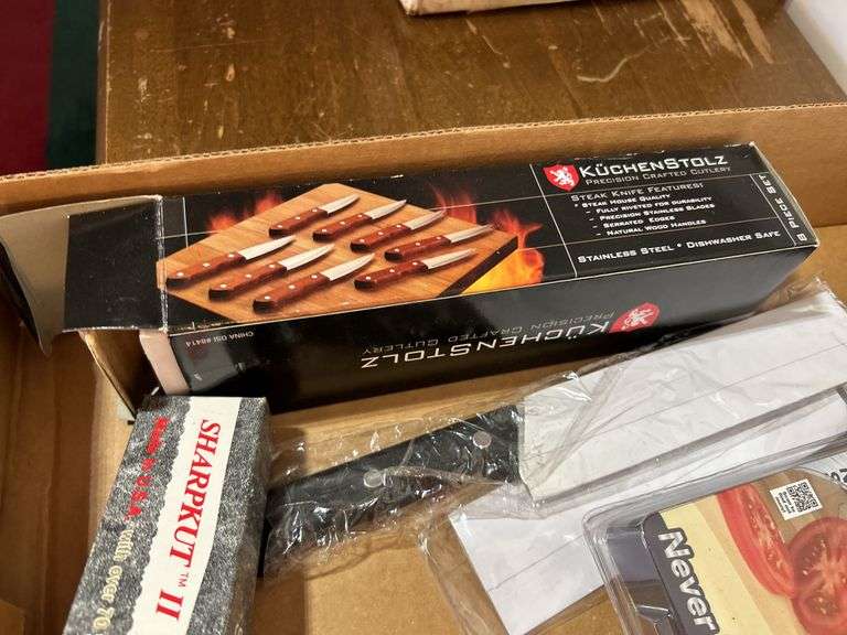 Precision crafted cutlery steak knives, roll’n cut screening tool, and other misc. knives