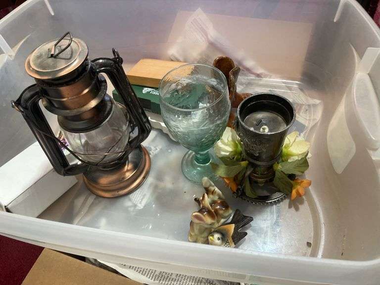 (2) totes of glassware including decorative plates, lamps, animal planters, figurines and more