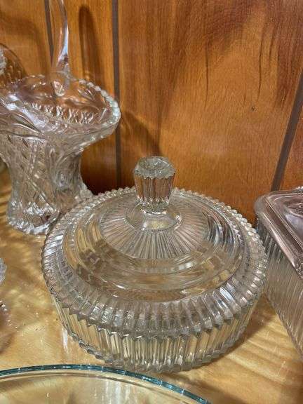 Large lot of clear glassware including lunch bowl, trays, basket and more