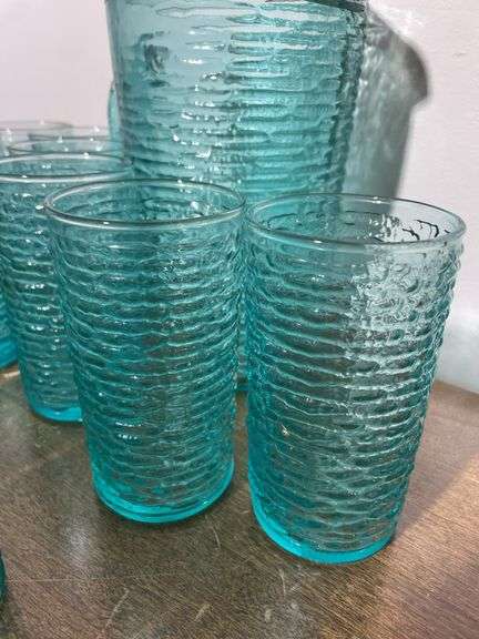 Vintage Anchor Hocking Soreno Aquamarine Blue Pressed Bark Pitcher and (12) Juice Glasses MCM
