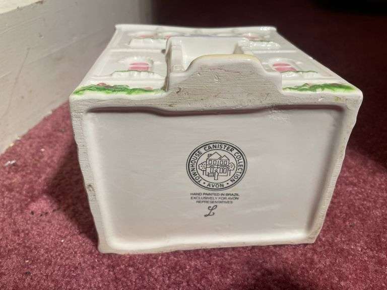 (5) cookie jars including duck, chicken, elephant, kettle & Avon jar- cracked