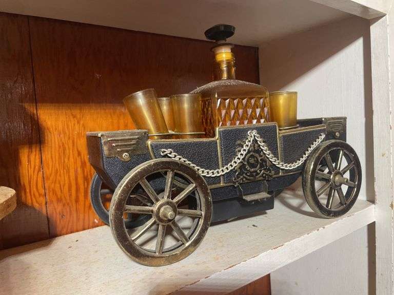 Whiskey bottle set & wooden train/birdhouse