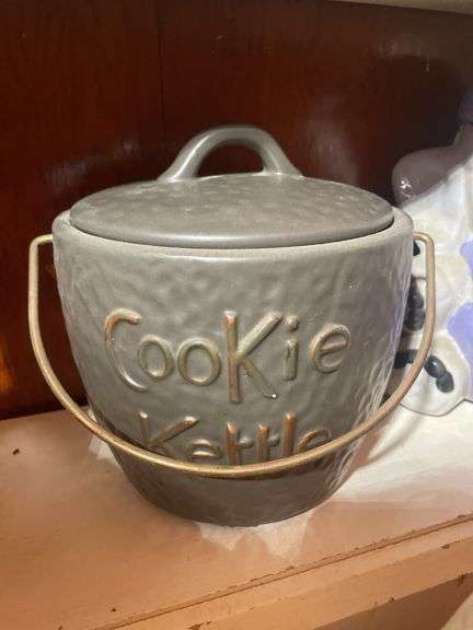 (5) cookie jars including duck, chicken, elephant, kettle & Avon jar- cracked