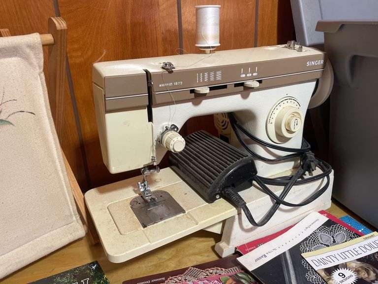 Singer sewing machine, sewing basket and tote with sewing, stitching, crocheting and more