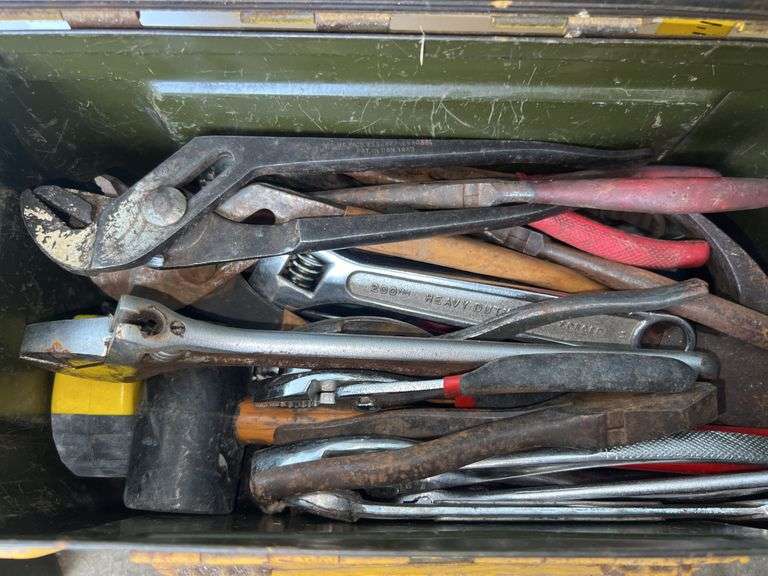 Yellow Metal Ammo Crate and Black Plastic Sears Box w/ Hand Tools