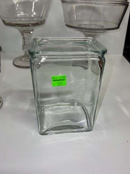 (3) Clear Glass Pedestal Candy Dishes and Clear Glass Canister