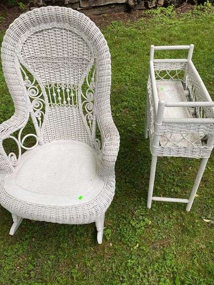 White Wicker Rocking Chair and Flower Basket