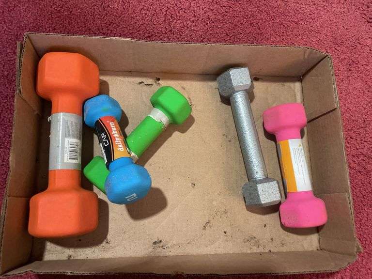 Box of mostly power cords and misc. weights