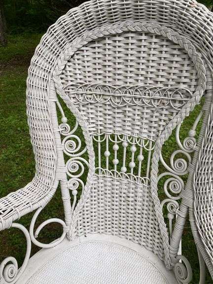 White Wicker Rocking Chair and Flower Basket