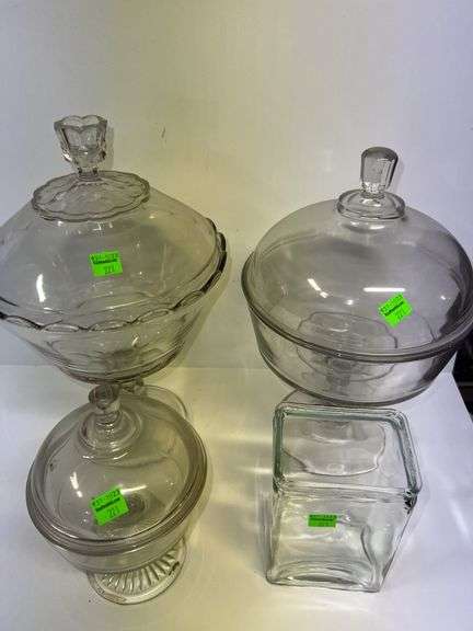 (3) Clear Glass Pedestal Candy Dishes and Clear Glass Canister