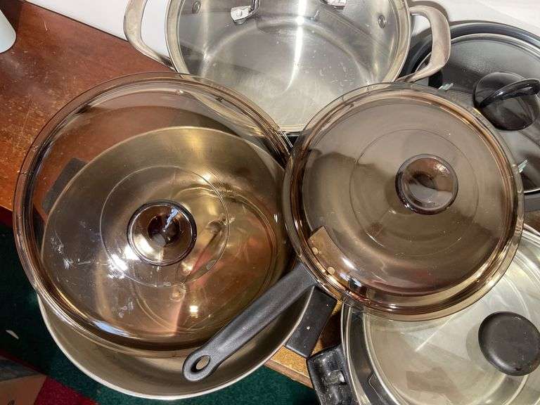 Vision Corning glass pan and pots, stainless steel pots, and other kitchenware