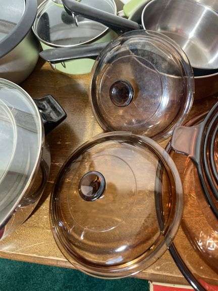 Vision Corning glass pan and pots, stainless steel pots, and other kitchenware