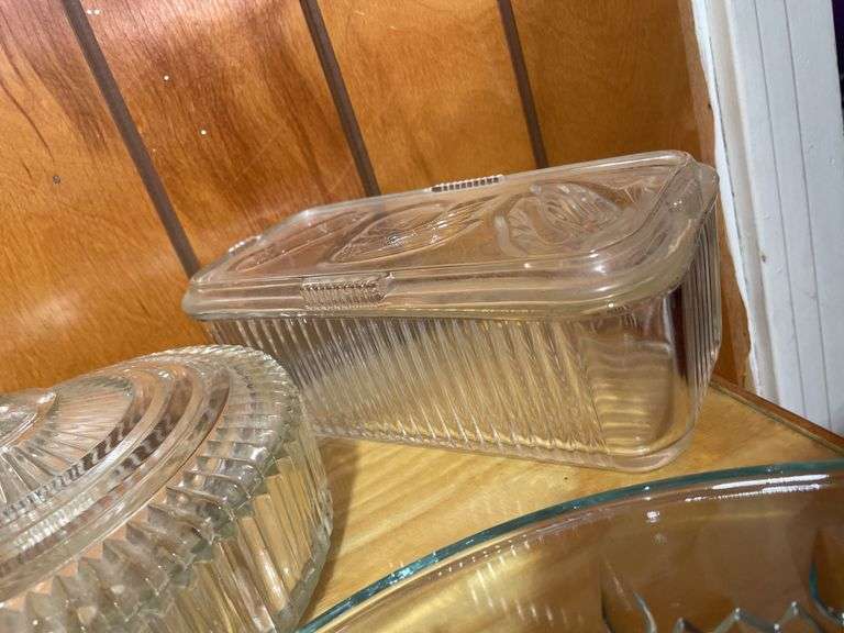 Large lot of clear glassware including lunch bowl, trays, basket and more
