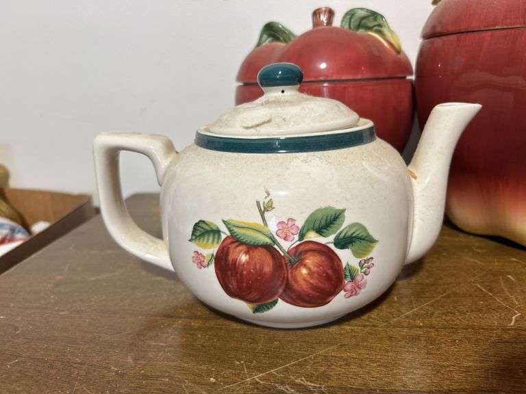 Large lot of Apple canisters - some ceramic, Apple mugs, teapots, butter dish and misc.