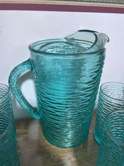 Vintage Anchor Hocking Soreno Aquamarine Blue Pressed Bark Pitcher and (12) Juice Glasses MCM