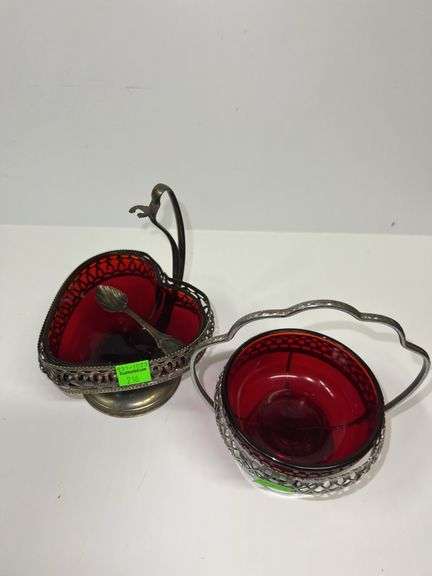 (2) Ruby Red Glass Dishes and Salt Spoon