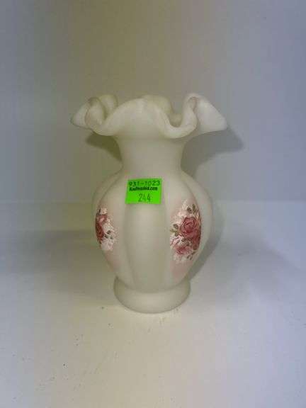 Fenton Hand Painted White Satin Floral Vase
