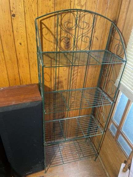 Pair of speakers, quilt rack and shelving