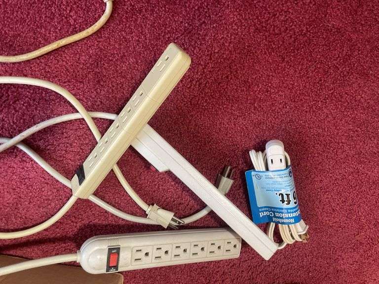 Box of mostly power cords and misc. weights