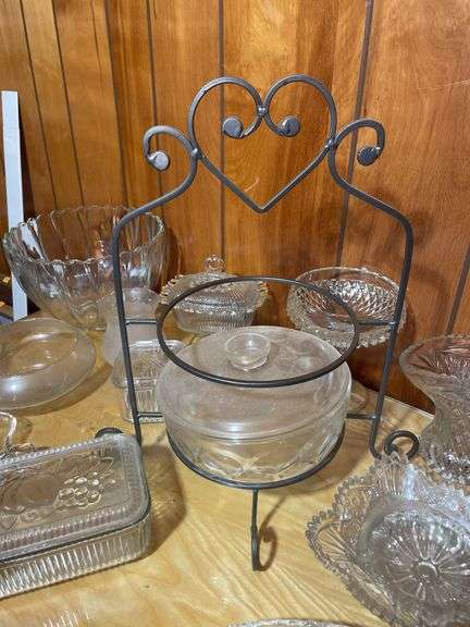 Large lot of clear glassware including lunch bowl, trays, basket and more
