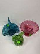 Blue Glass Basket and (2) Glass Vases