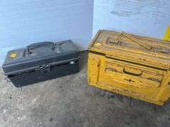 Yellow Metal Ammo Crate and Black Plastic Sears Box w/ Hand Tools