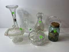 Assortment of Clear Glass Baskets, Dishes and Vases