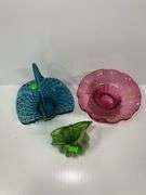 Blue Glass Basket and (2) Glass Vases