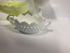 Fenton Hobnail Candle Holder, Fenton Mil Glass Pedestal Dish, Fenton Hobnail Sugar Bowl