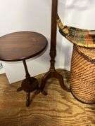 Decorative Wicker Basket, Laundry Hamper, and (2) Wooden Side Tables