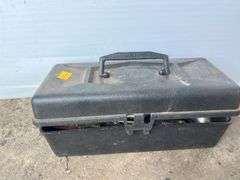 Yellow Metal Ammo Crate and Black Plastic Sears Box w/ Hand Tools