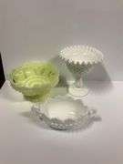 Fenton Hobnail Candle Holder, Fenton Mil Glass Pedestal Dish, Fenton Hobnail Sugar Bowl