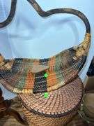Decorative Wicker Basket, Laundry Hamper, and (2) Wooden Side Tables