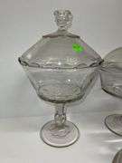 (3) Clear Glass Pedestal Candy Dishes and Clear Glass Canister